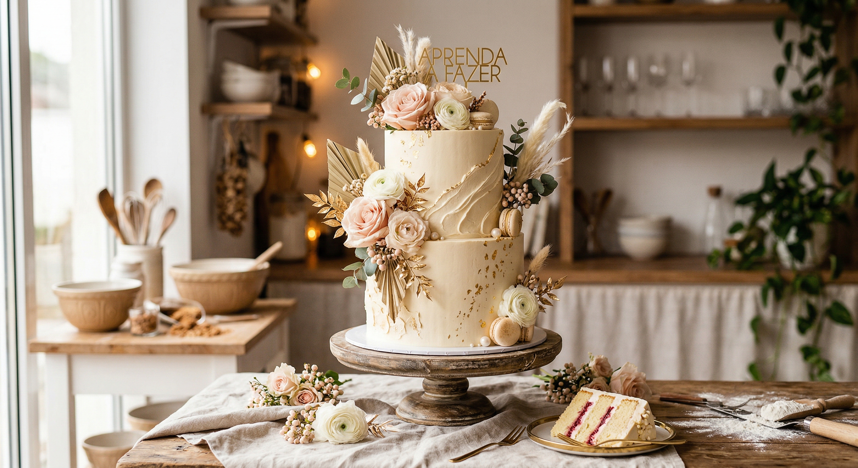Torta elegante decorada com flores e detalhes dourados